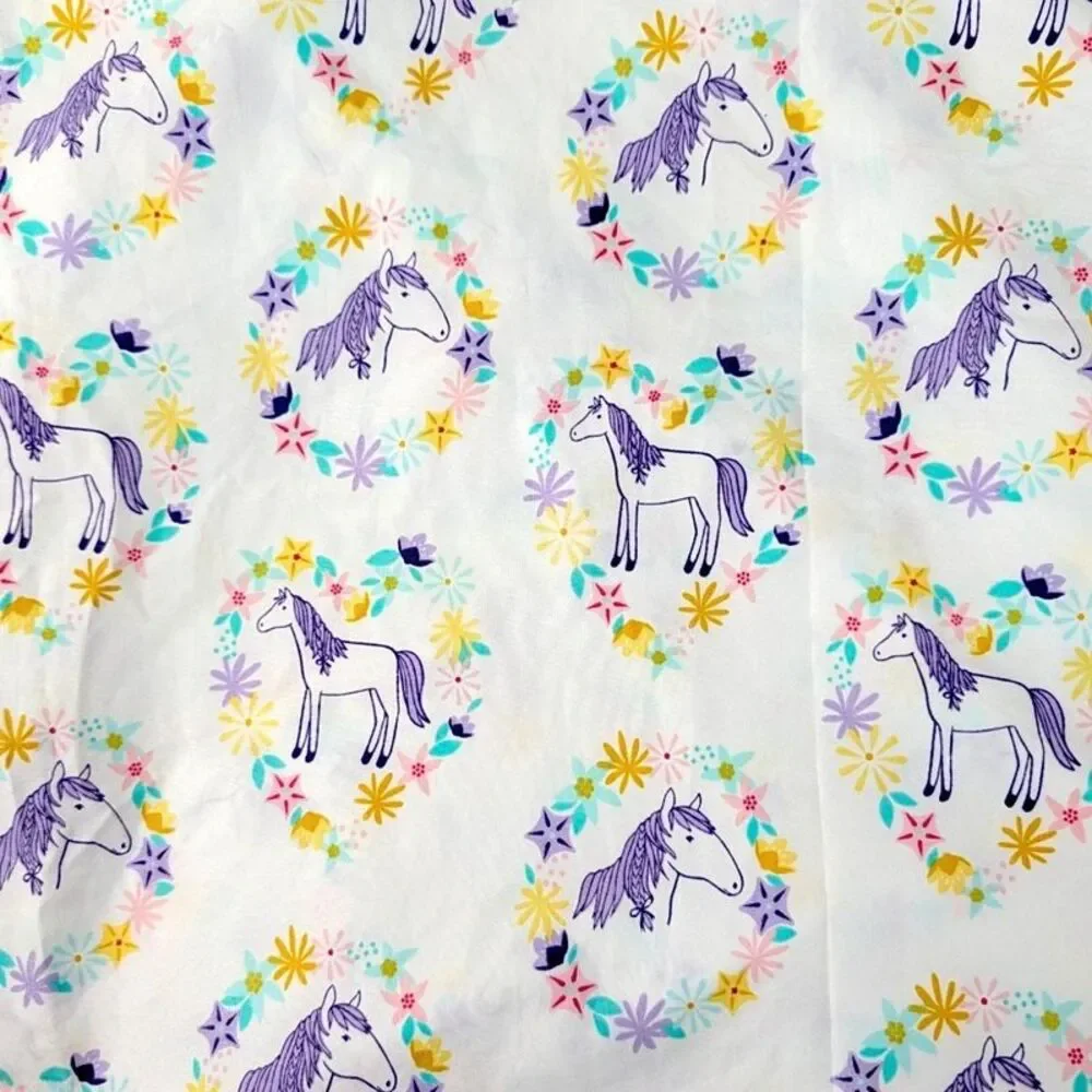 One Pillowfort Full Size Flat Sheet Horse Pony Floral Print White Purple 2016